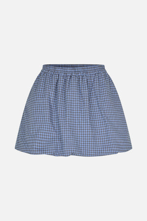 Front view of a blue plaid skirt with a gathered elastic waistband and flared silhouette.