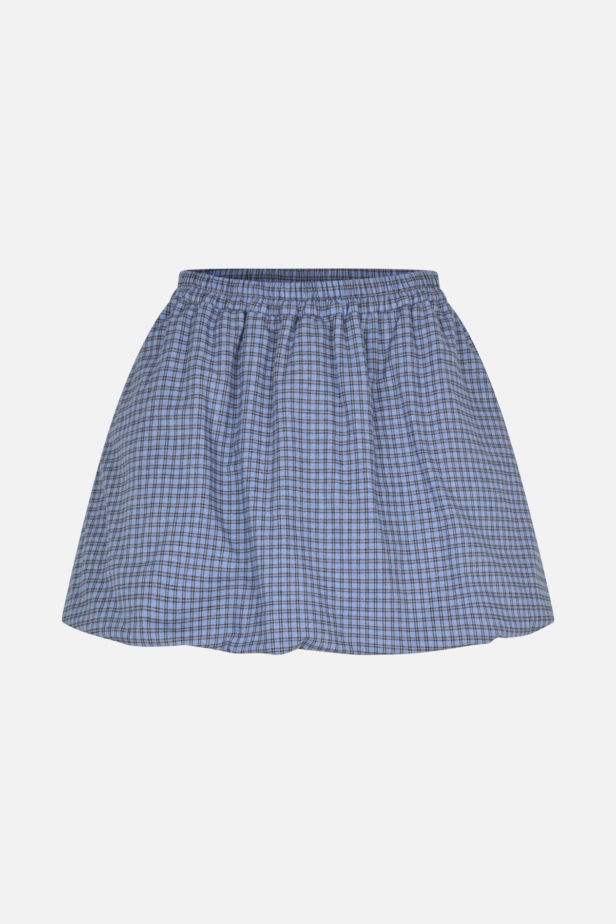 Front view of a blue plaid skirt with a gathered elastic waistband and flared silhouette.