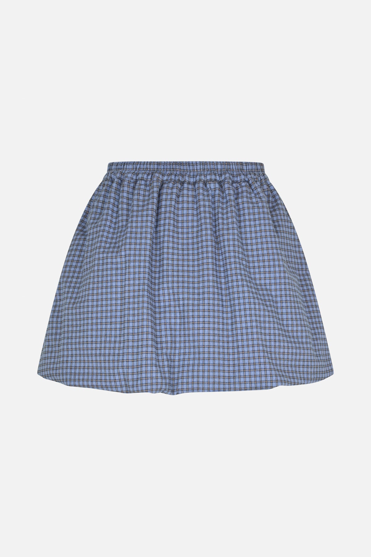 Front view of a flared skirt with an elasticated waist, in a blue, brown and black check pattern.