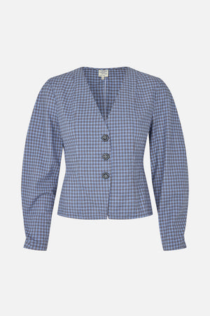 Front view of a fitted, long-sleeved blue plaid blazer with a notched lapel and dark buttons.