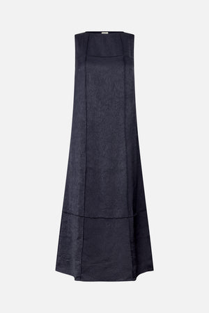 Front view of a dark navy sleeveless dress with a round neckline, crinkled texture and broad panel seams.