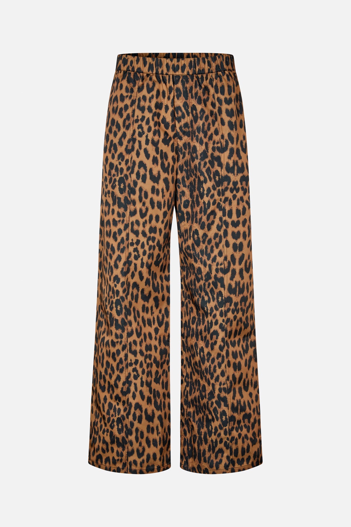 Front view of wide-leg trousers with a brown and black leopard-print pattern and a gathered elastic waistband.