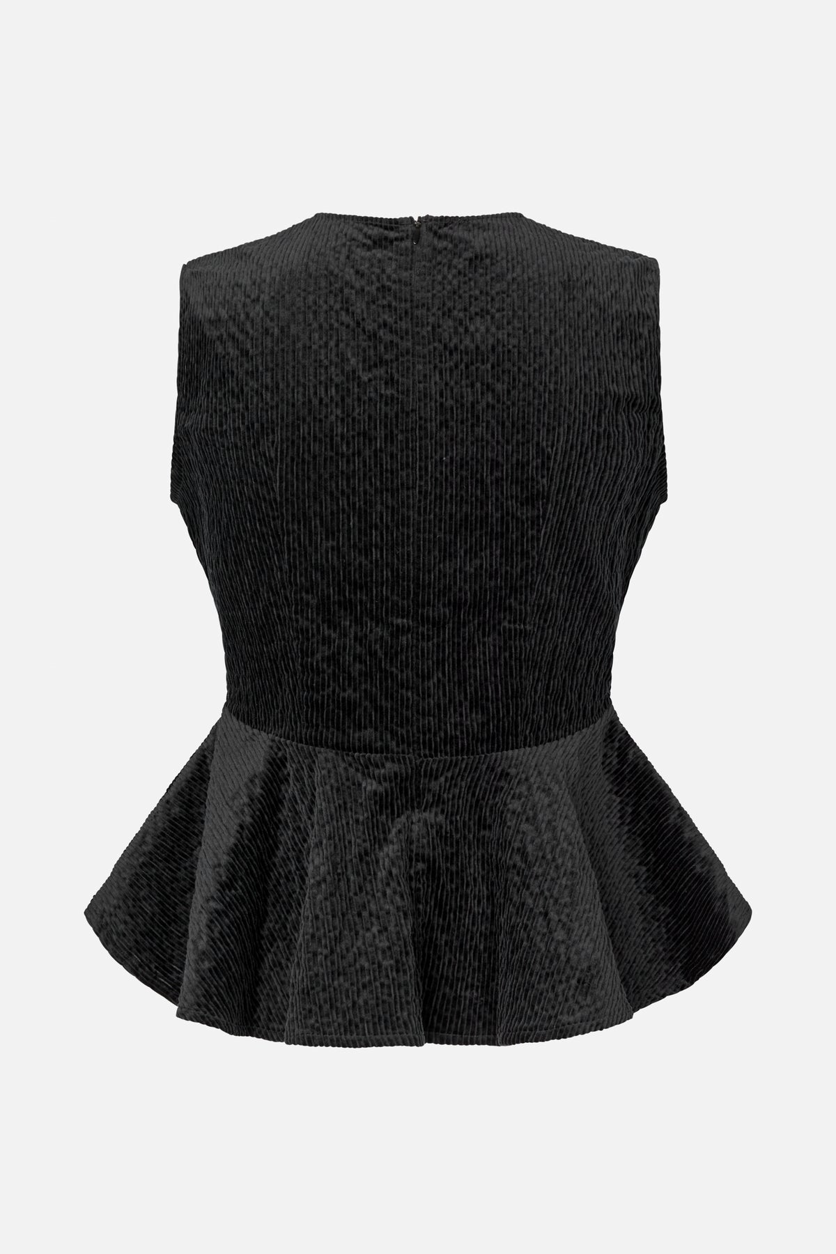 Back view of a black sleeveless high-neck top with a centre-back zip, ribbed texture and flared peplum hem.