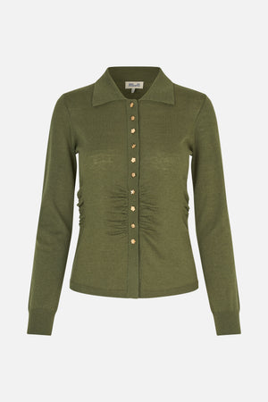 Front view of an olive green long-sleeved knit cardigan with a pointed collar, ruched sides and gold flower-shaped buttons.