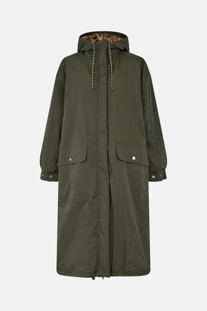 Front view of a long dark olive hooded coat with leopard-print hood lining, drawstrings, flap pockets and a sleeve zip pocket.