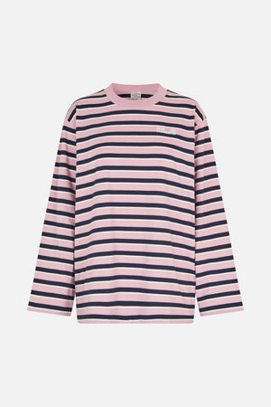 Front view of a long-sleeved crew-neck top with pink, navy and cream horizontal stripes and a small chest logo.
