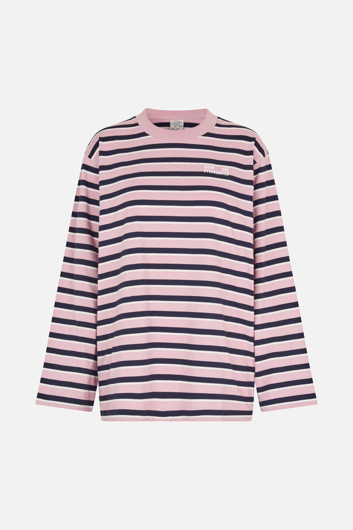Front view of a long-sleeved crew-neck top with pink, navy and cream horizontal stripes and a small chest logo.