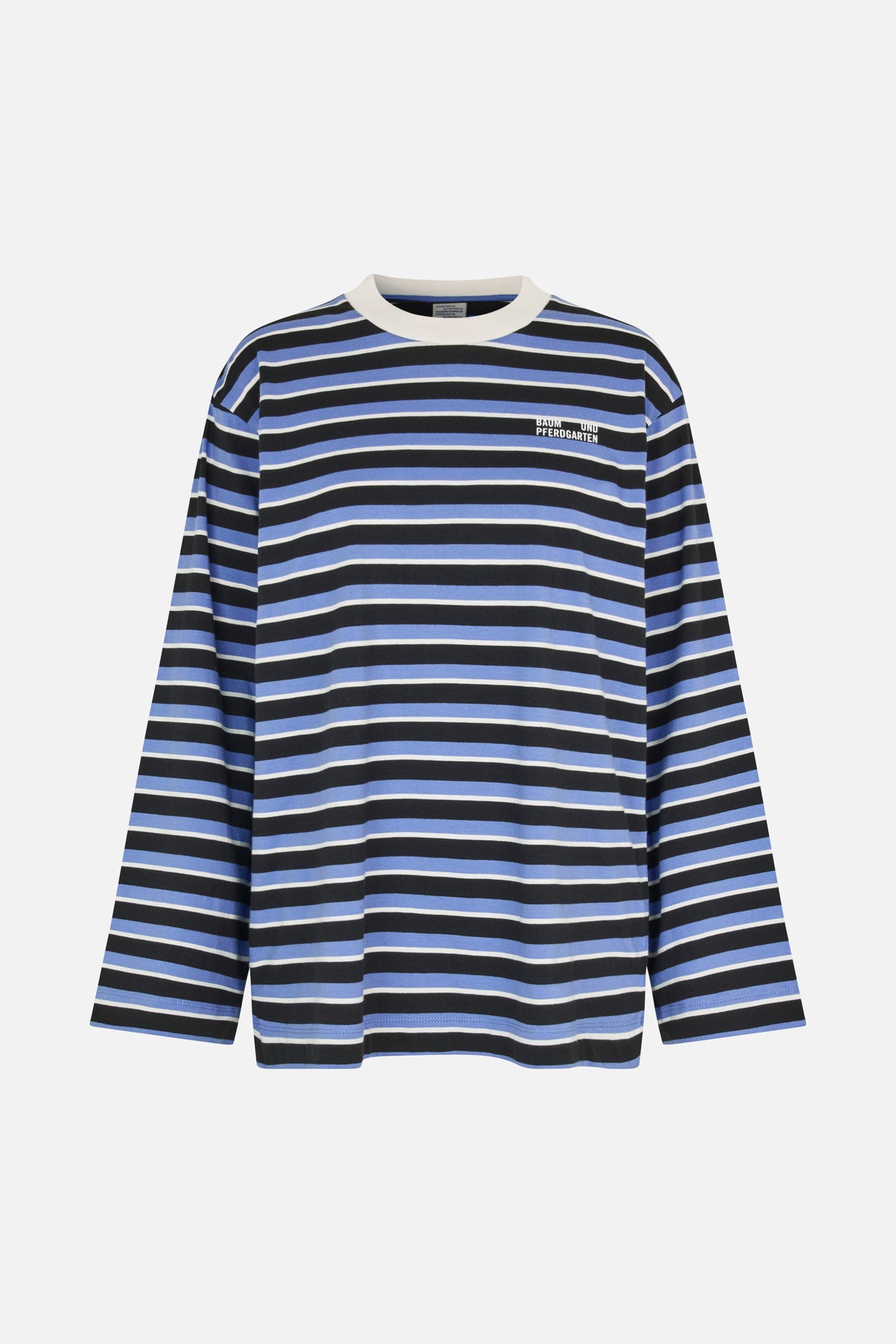 Front view of a long-sleeved crew-neck T-shirt with blue, black and white horizontal stripes and a small chest logo.