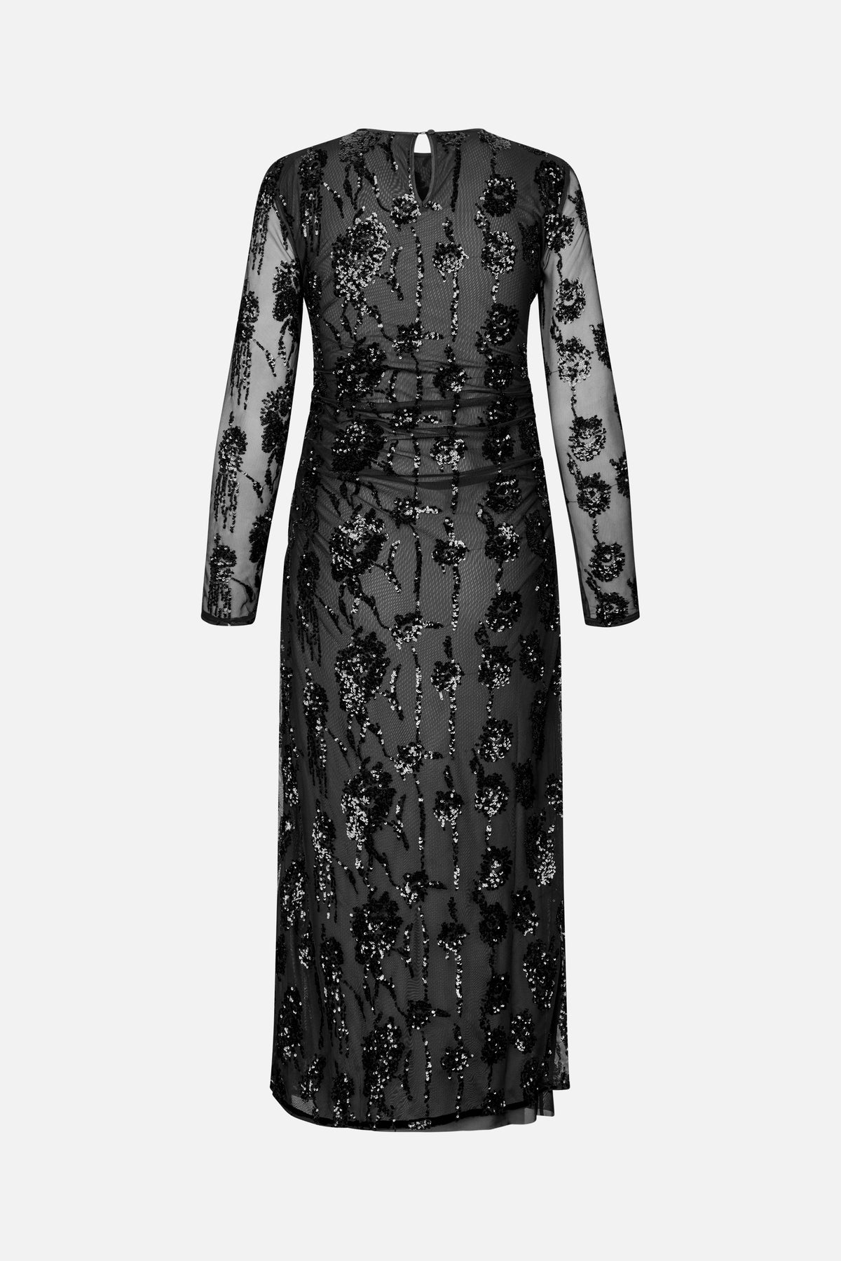 Front view of a sheer black long-sleeved midi dress with a V-slit neckline and all-over floral sequin embellishment.
