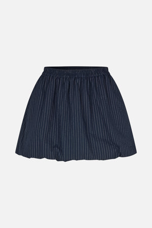 Navy skirt with fine white vertical pinstripes, a gathered elastic waistband and a voluminous rounded shape, front view