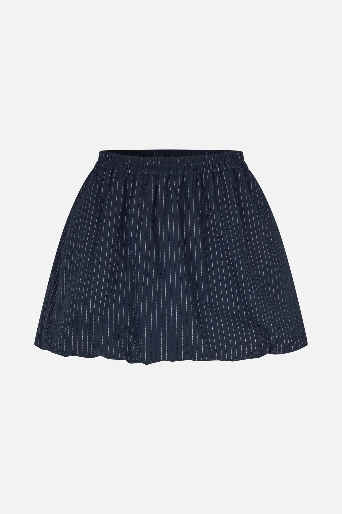 Navy skirt with fine white vertical pinstripes, a gathered elastic waistband and a voluminous rounded shape, front view
