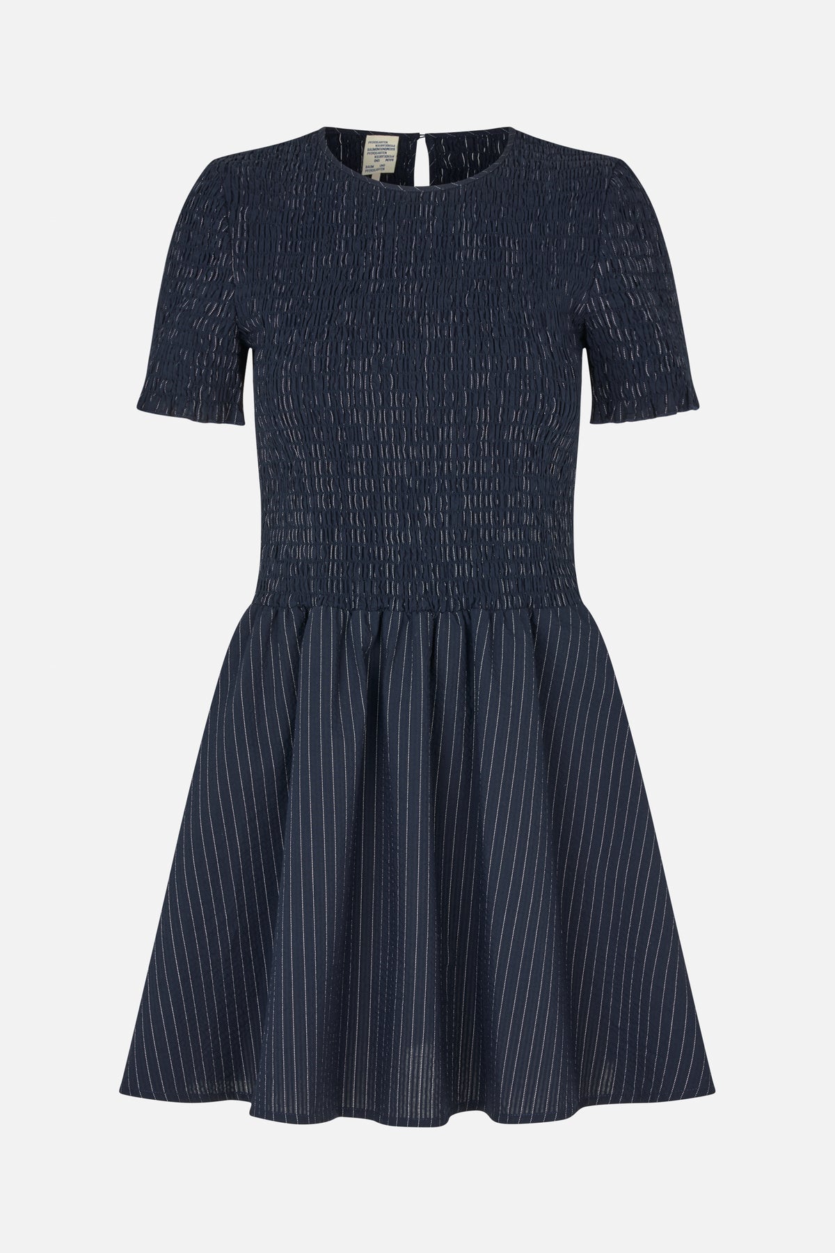 Front view of a navy short-sleeved dress with a smocked bodice and gathered skirt patterned with fine white vertical stripes.