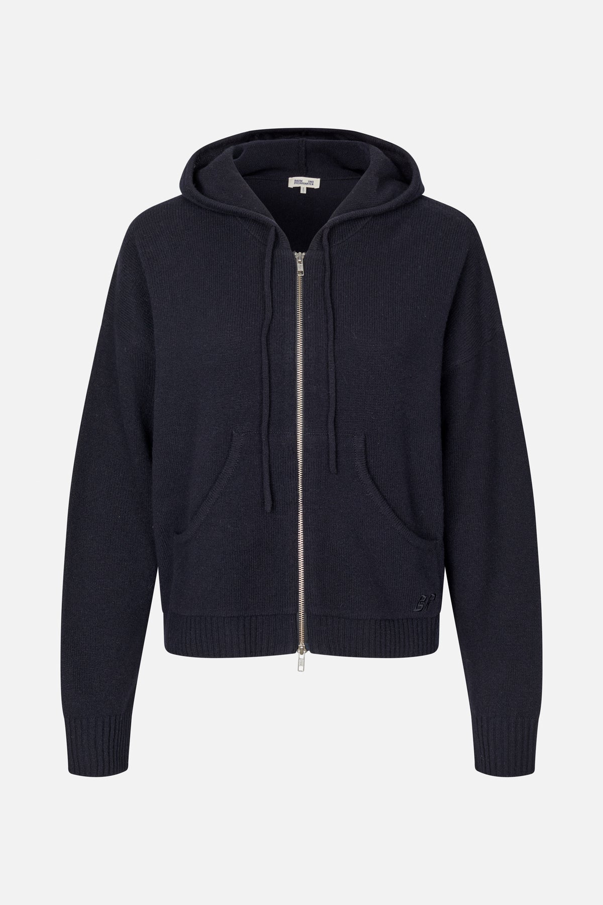 Front view of a dark navy knitted hooded zip-up jacket with a silver zipper, front pockets, and ribbed cuffs and hem.