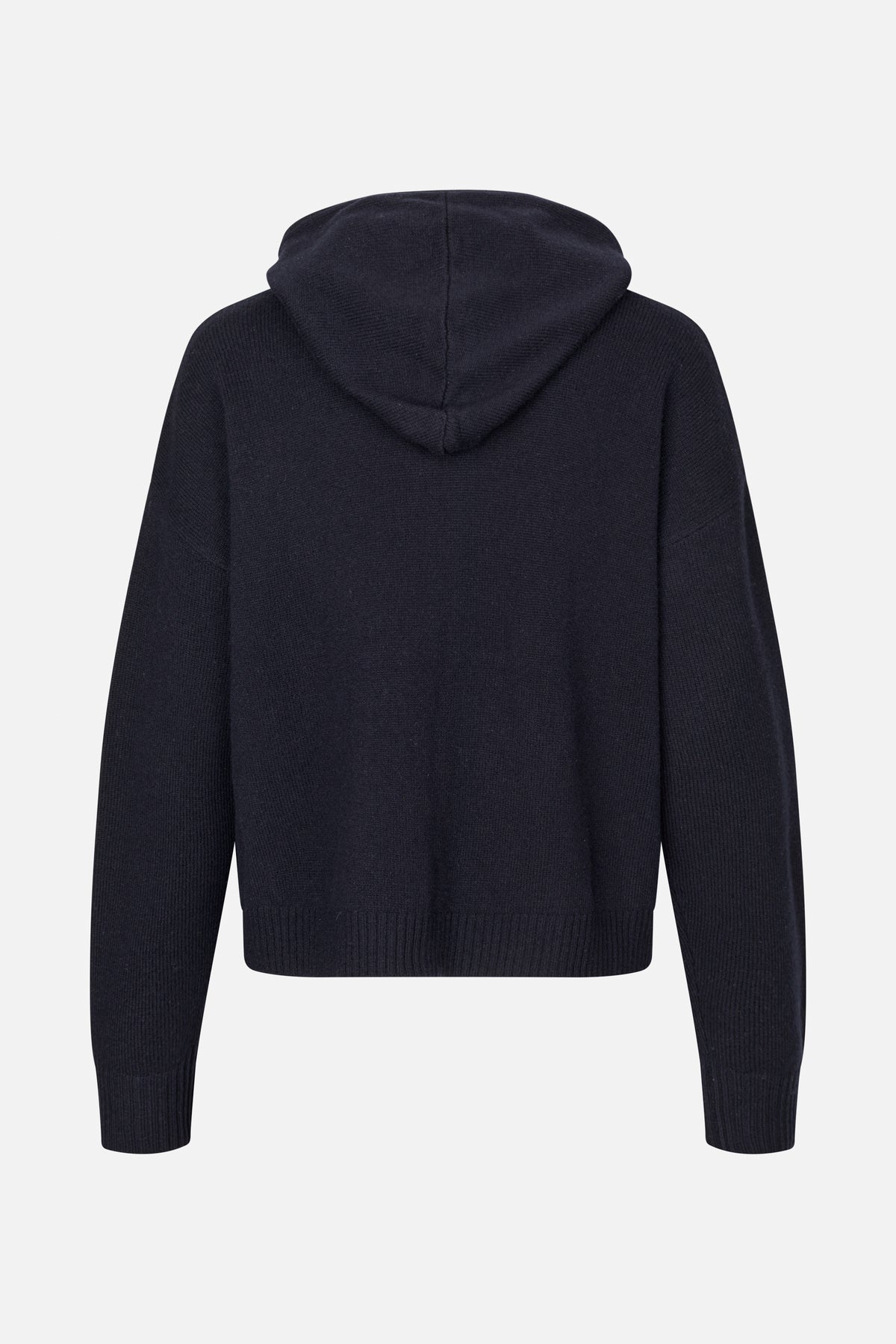Back view of a dark navy knitted hoodie with long sleeves and ribbed cuffs and hem