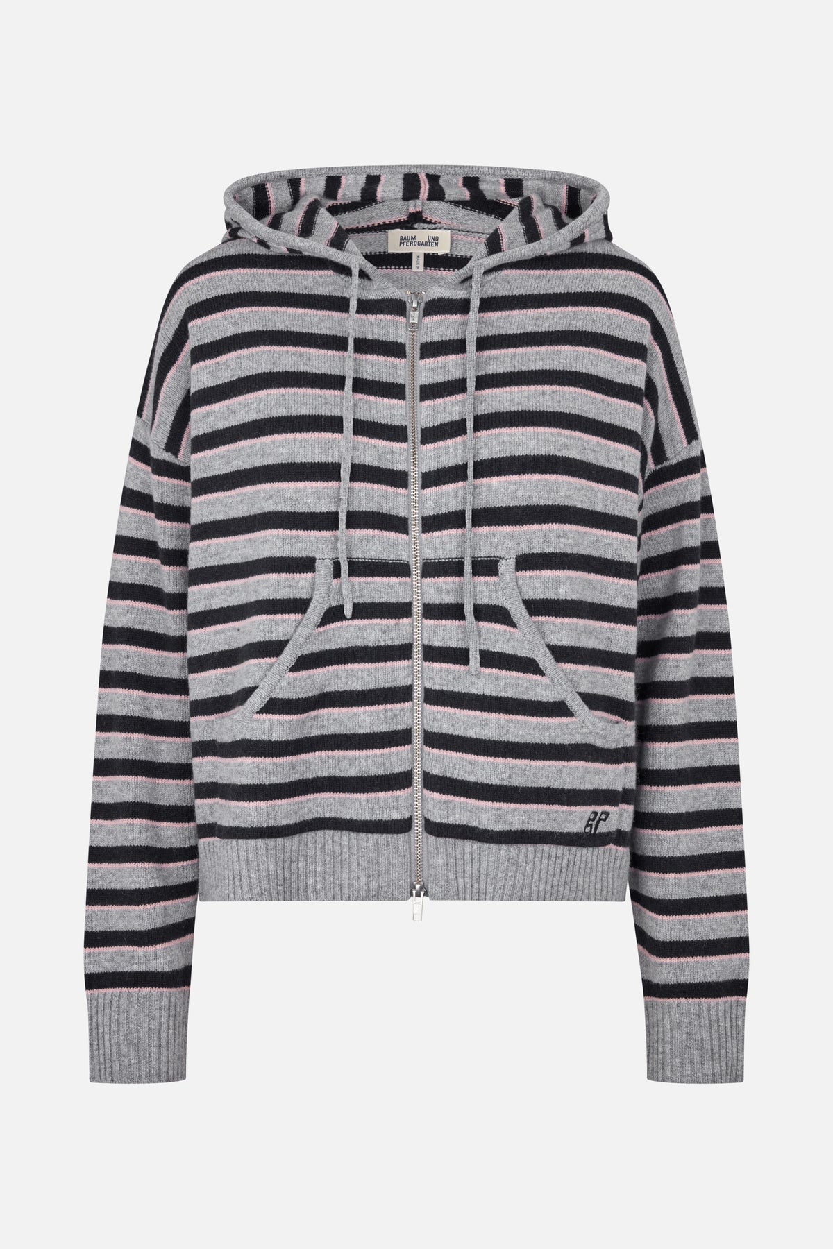 Front view of a grey knit hooded zip-up cardigan with black and pale pink horizontal stripes, drawstrings and ribbed cuffs and hem.