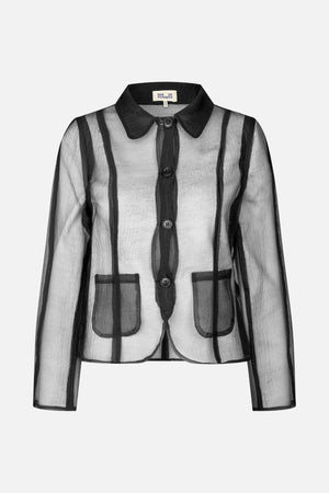 Front view of a sheer black-and-grey striped button-up jacket with a pointed collar, long sleeves and two patch pockets.