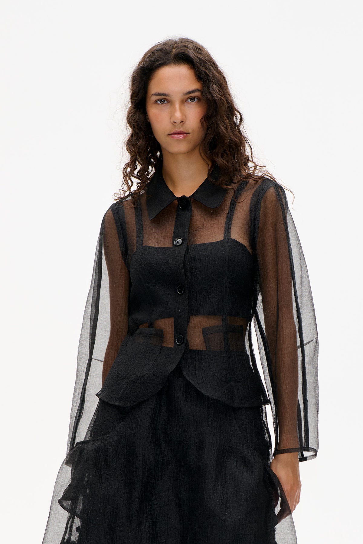 Front detail of a model wearing a sheer black long-sleeved button-front dress with a broad collar, opaque panels and a layered waist ruffle.