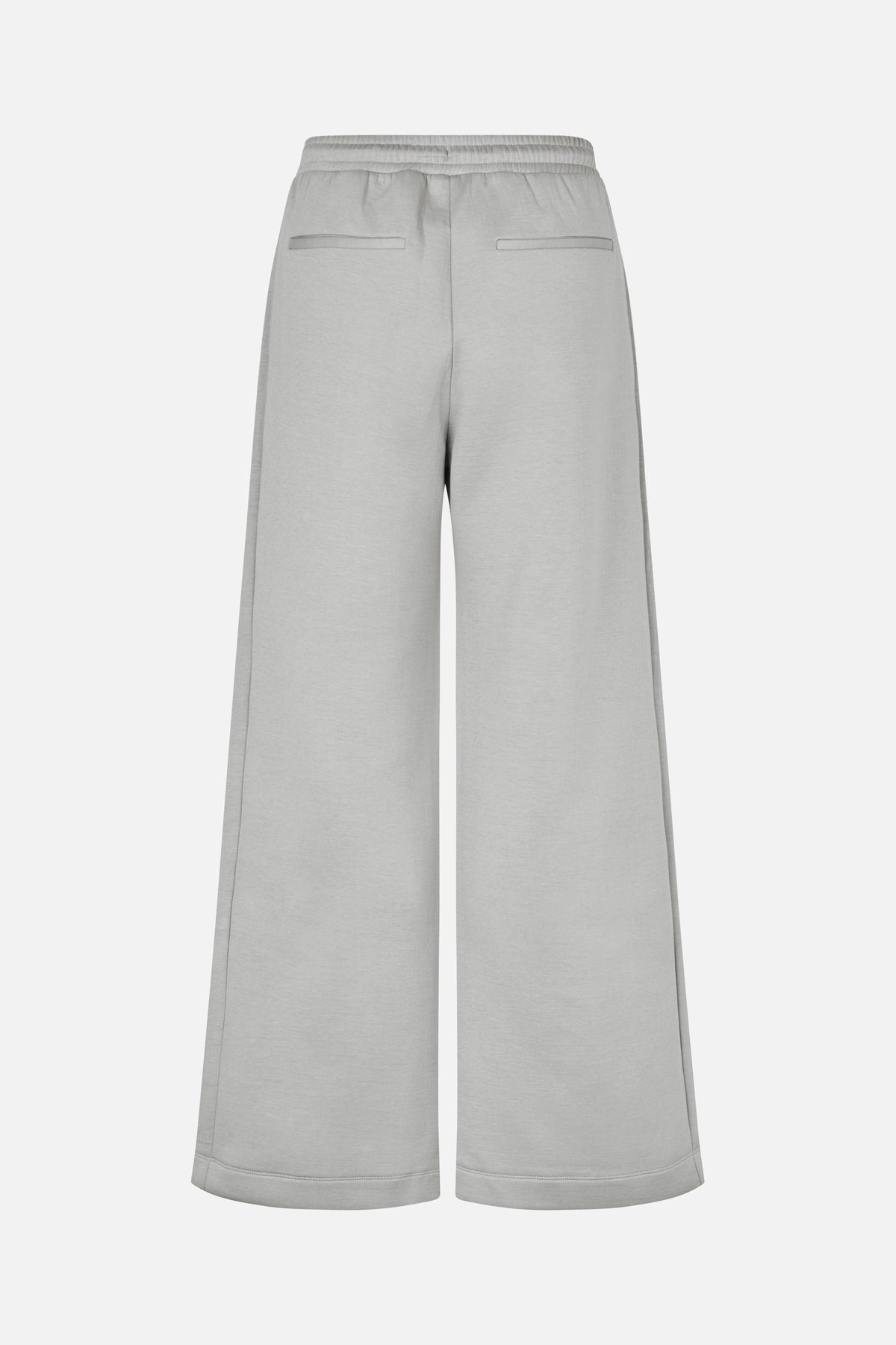 Back view of light grey wide-leg trousers with an elasticated waistband and two welt pockets.