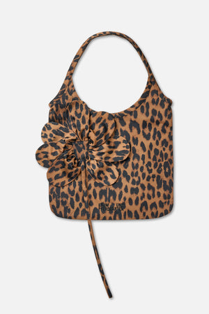 Tan and black leopard-print shoulder bag with a large fabric flower appliqué and long matching strap