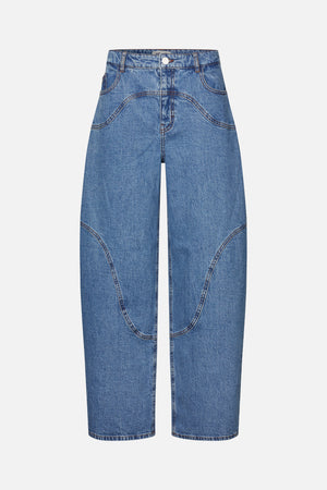 Front view of blue washed wide-leg jeans with curved contrast-stitched panels across the legs.