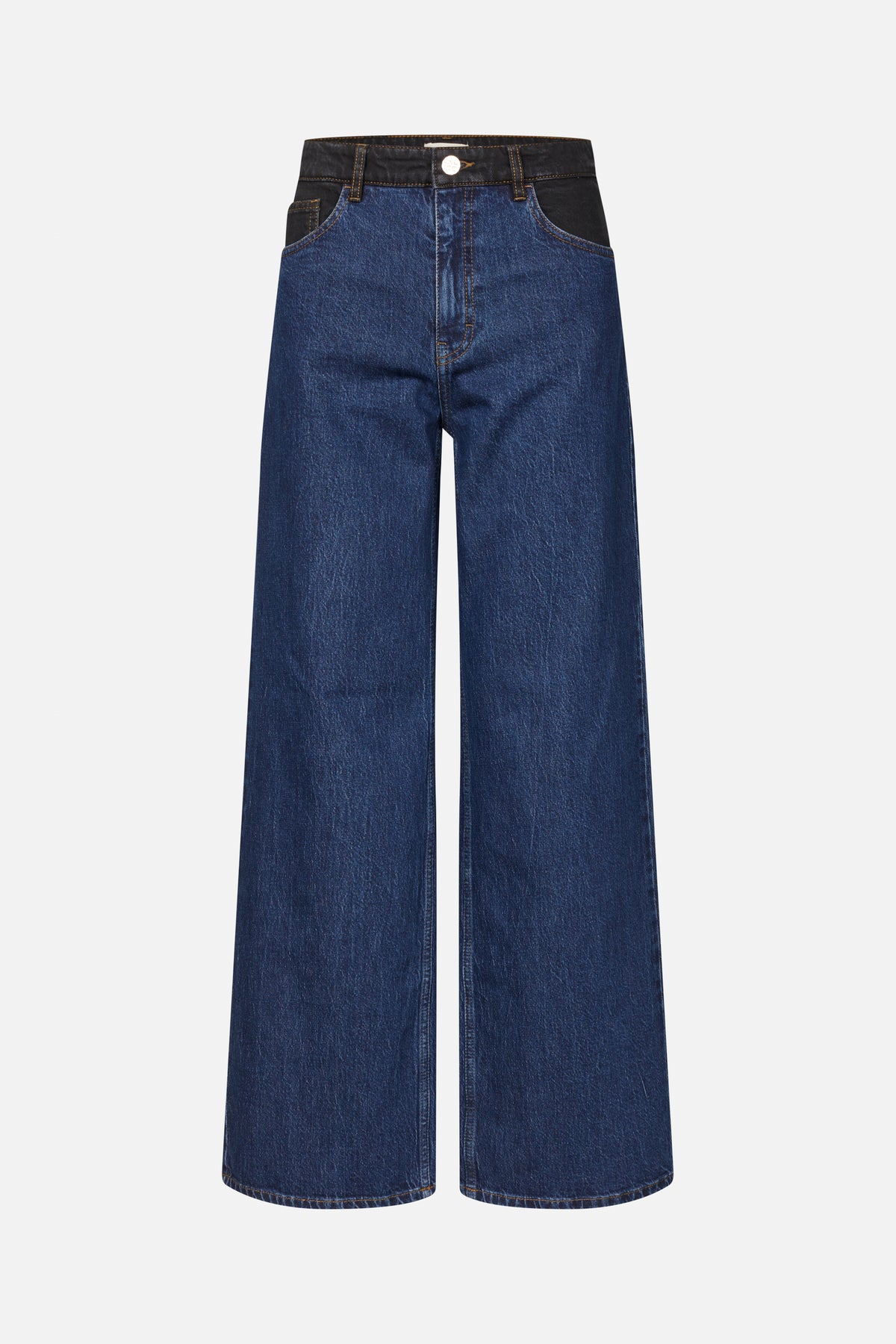 Front view of dark blue wide-leg jeans with black contrast denim at the waistband and pockets, gold stitching, and a button closure.