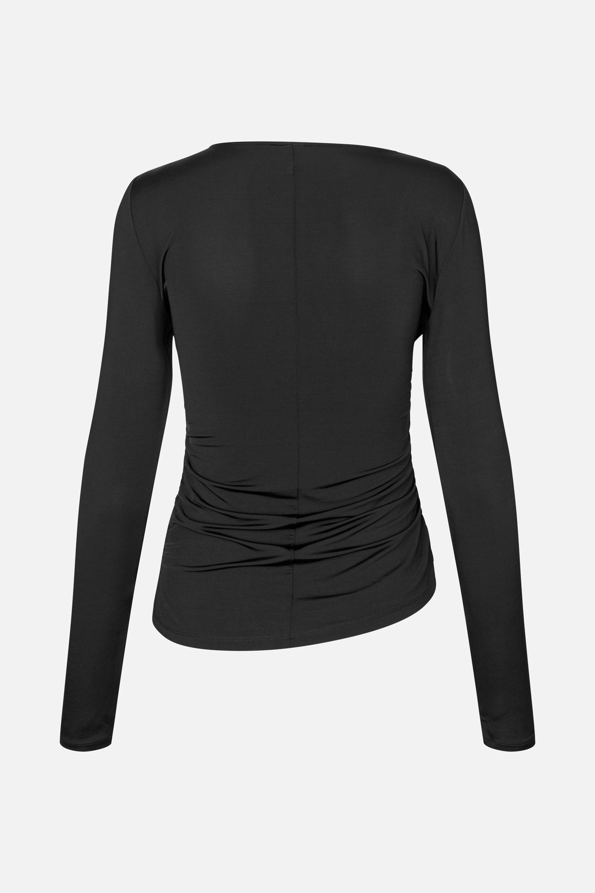 Back view of a black long-sleeved top with a high neckline, central seam and gathered ruching at the waist.