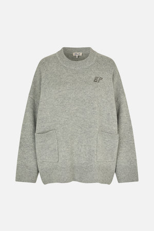 Front view of a grey marl knit sweater with a ribbed crew neck, cuffs and hem, two patch pockets and a small chest monogram.