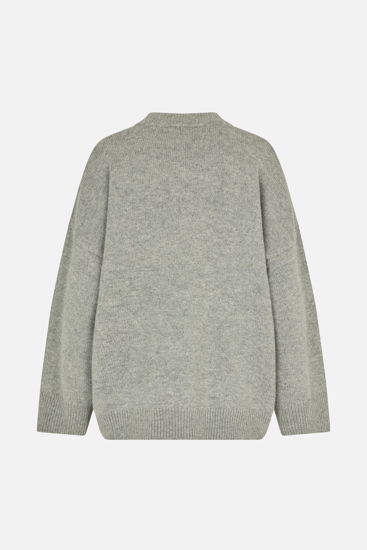 Grey marled knitted sweater shown from the back, with long sleeves and ribbed neckline, cuffs and hem.