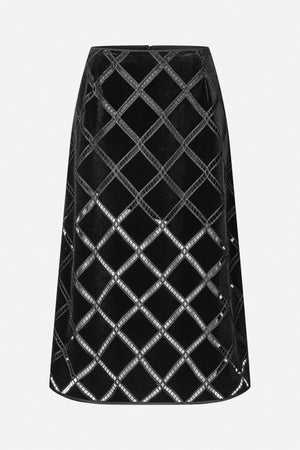 Black A-line skirt with a contrasting diamond lattice pattern, shown from the front.