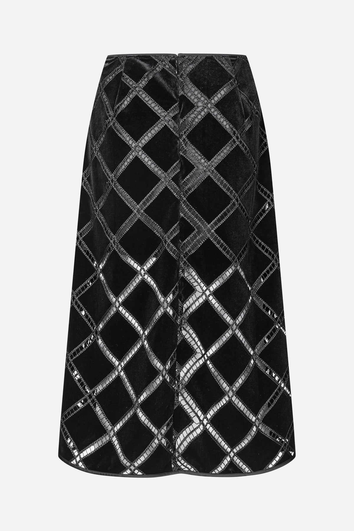 Black A-line skirt with a glossy diamond lattice pattern, shown from the back with a centre zipper.