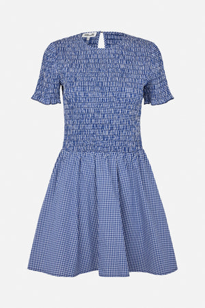 Front view of a blue-and-white gingham dress with a smocked bodice, short flared sleeves and a gathered skirt