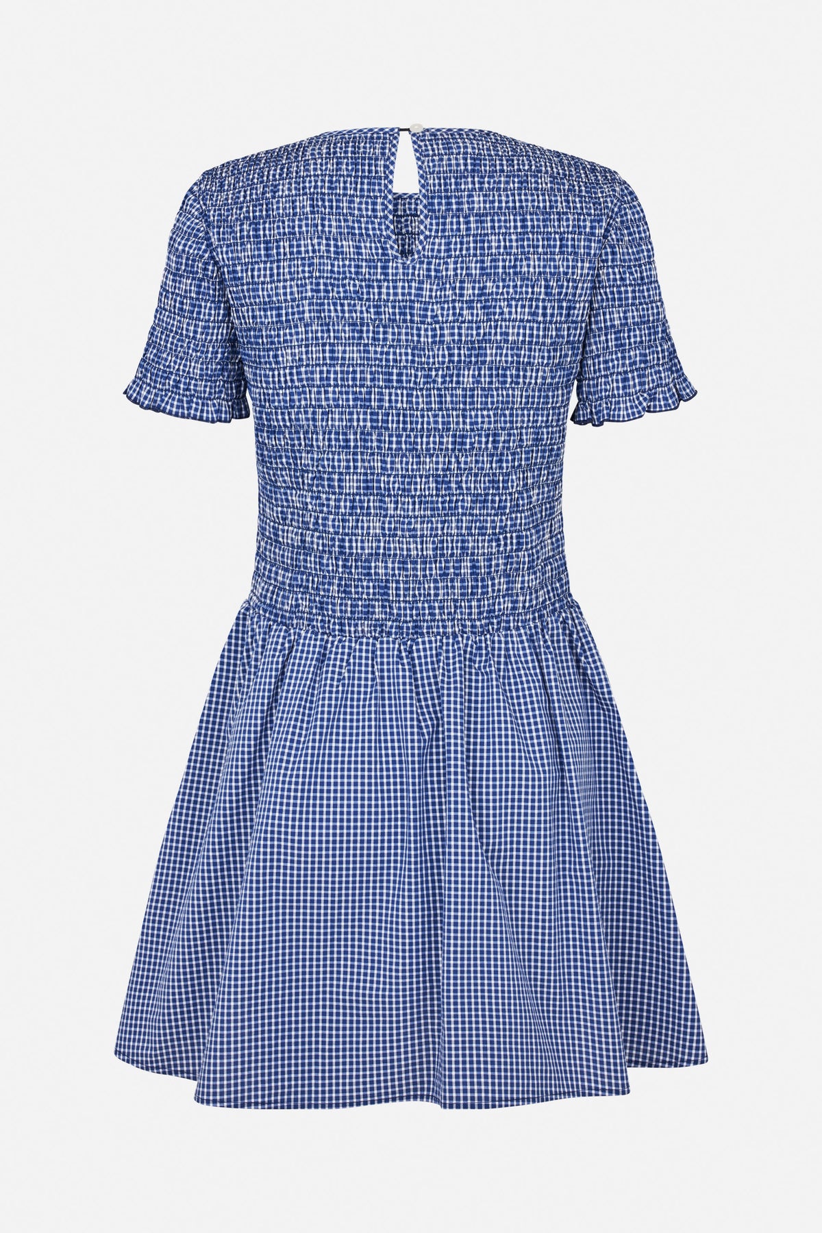 Back view of a blue-and-white gingham dress with a smocked bodice, short ruffled sleeves, keyhole neckline and gathered flared skirt
