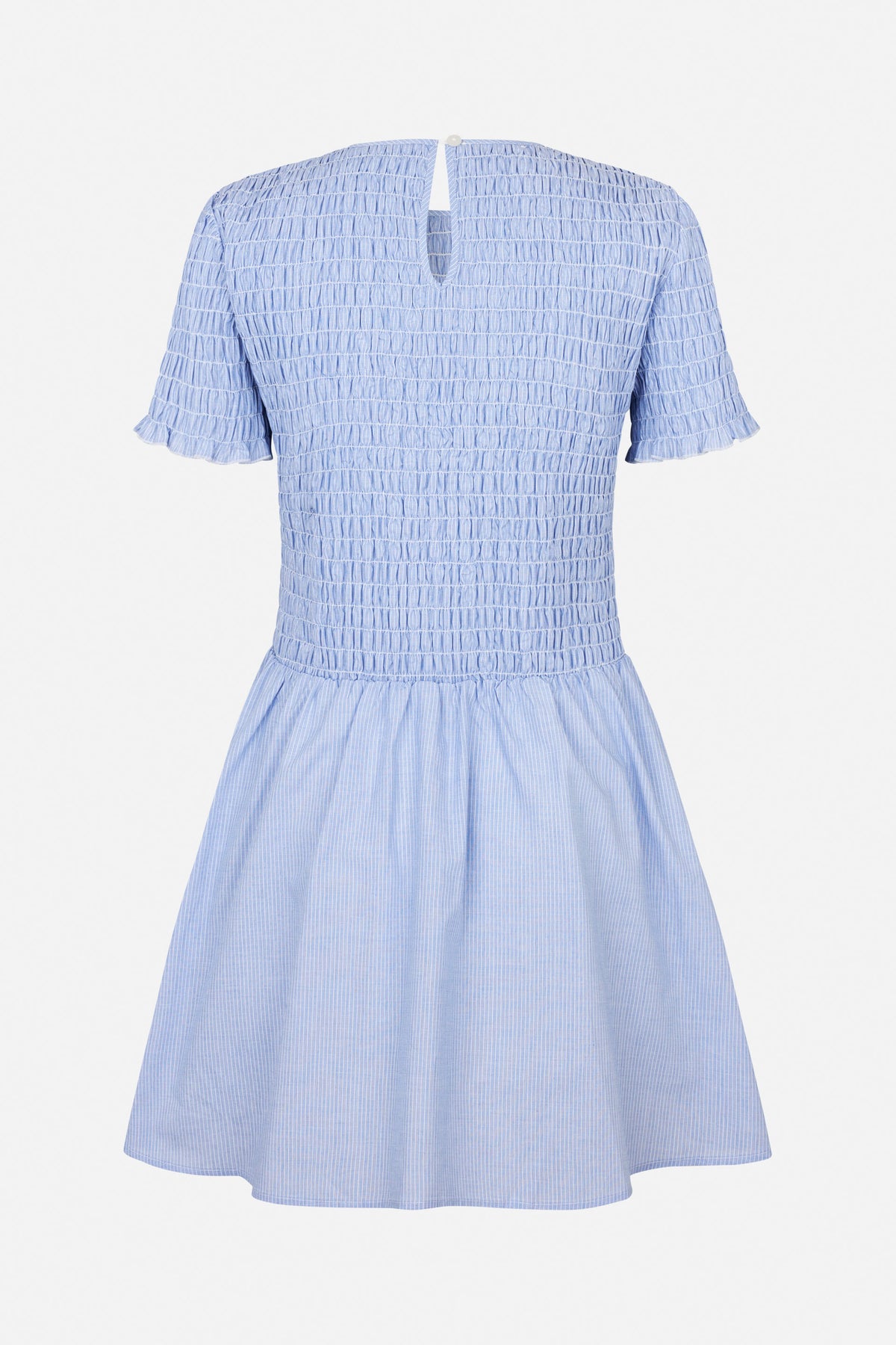 Back view of a light blue pinstriped dress with a smocked bodice, short ruffled sleeves, keyhole button closure and gathered skirt.