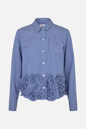 Front view of a blue-and-white gingham long-sleeved shirt with a pointed collar, chest pocket and gathered ruffled hem