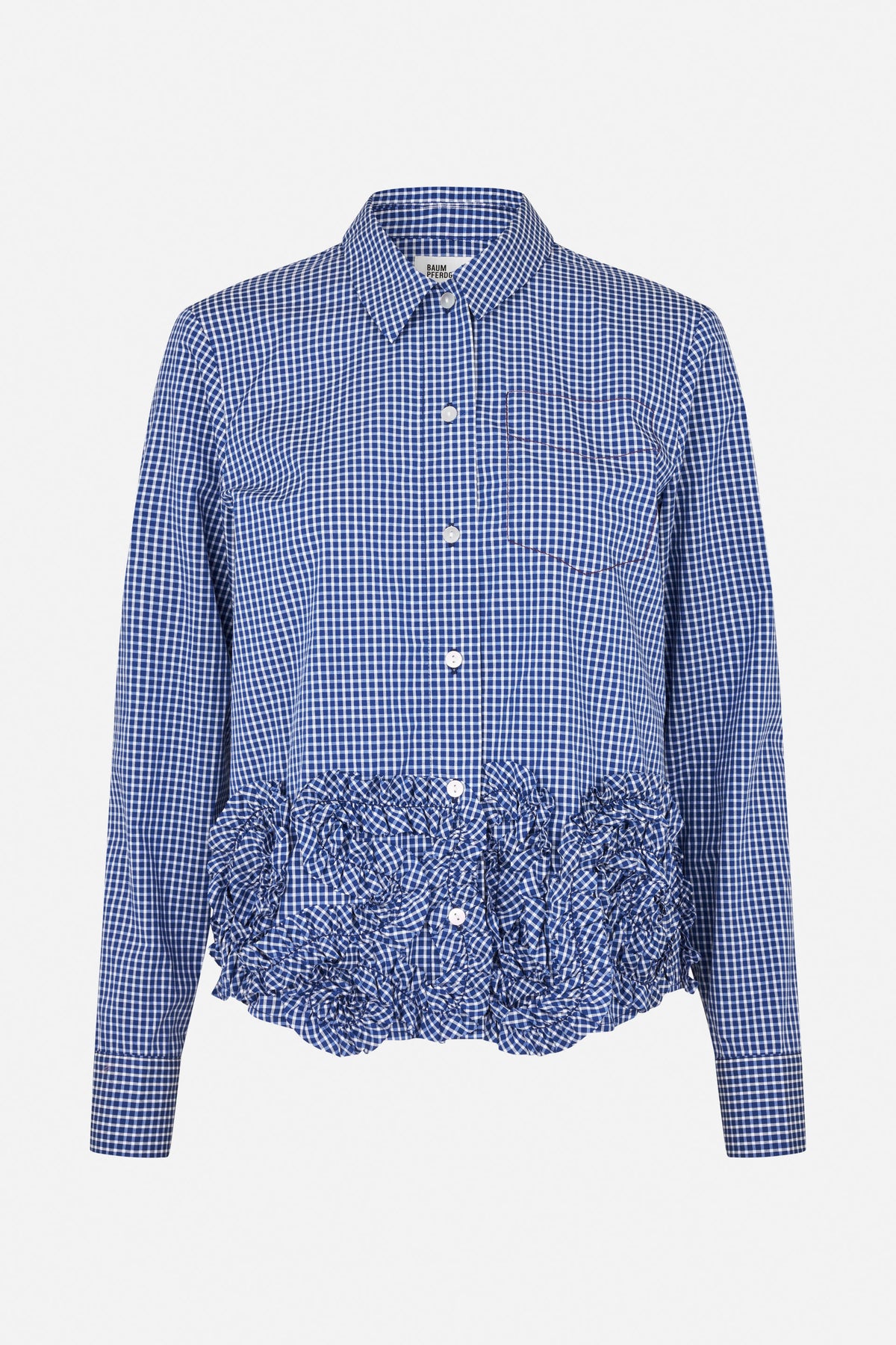 Front view of a blue-and-white gingham long-sleeved shirt with a pointed collar, chest pocket and gathered ruffled hem