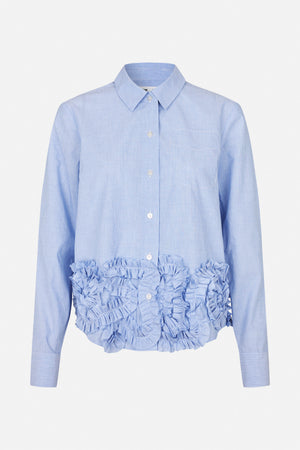 Front view of a light blue pinstriped button-up shirt with a pointed collar, chest pocket and layered ruffles around the waist.