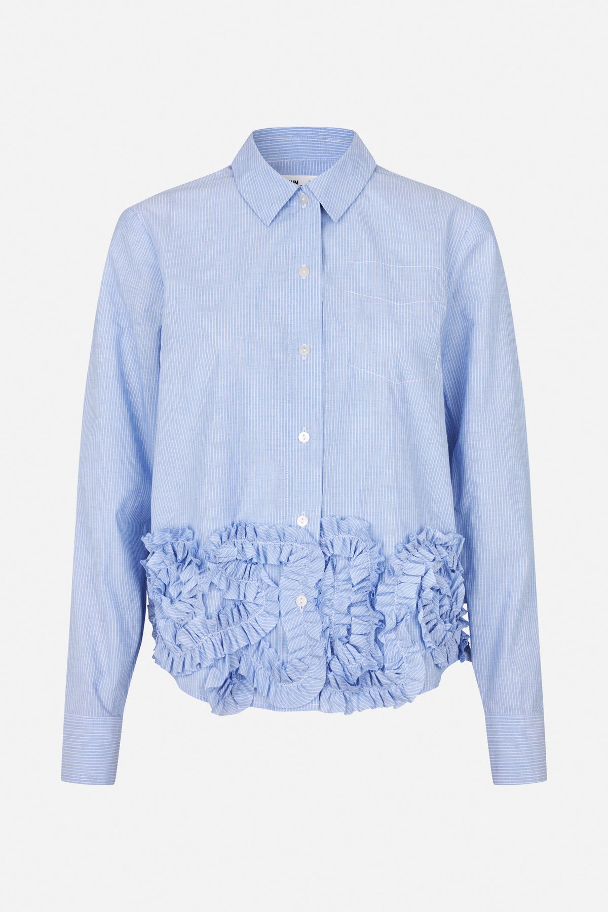 Front view of a light blue pinstriped button-up shirt with a pointed collar, chest pocket and layered ruffles around the waist.