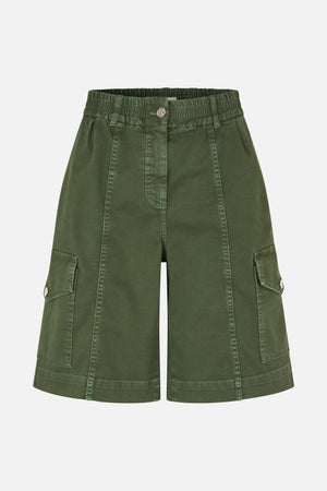 Front view of dark olive-green wide-leg cargo shorts with a gathered waistband, button closure and flap pockets