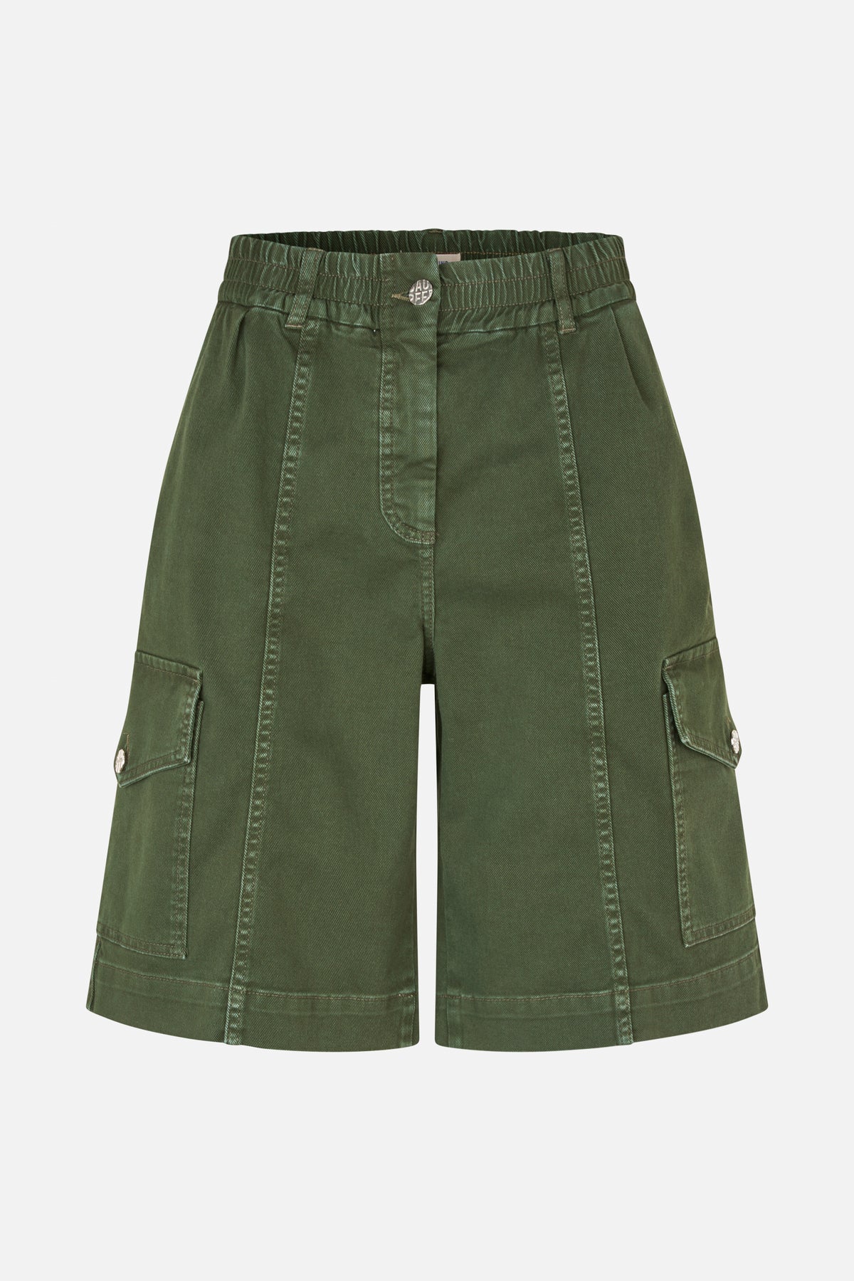 Front view of dark olive-green wide-leg cargo shorts with a gathered waistband, button closure and flap pockets