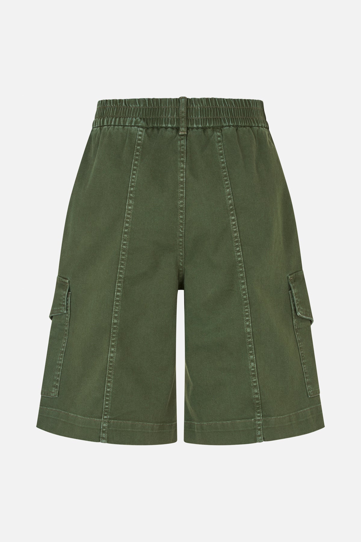 Olive green cargo shorts shown from the back, with a gathered waistband, vertical panel seams and large side pockets.