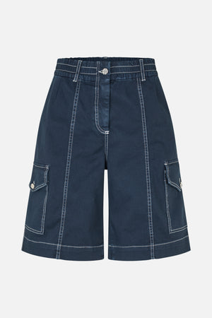Front view of navy denim cargo shorts with wide legs, white contrast stitching and buttoned flap pockets.