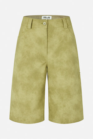Front view of olive-green knee-length shorts with a mottled finish, belt loops, button closure and curved side pockets.