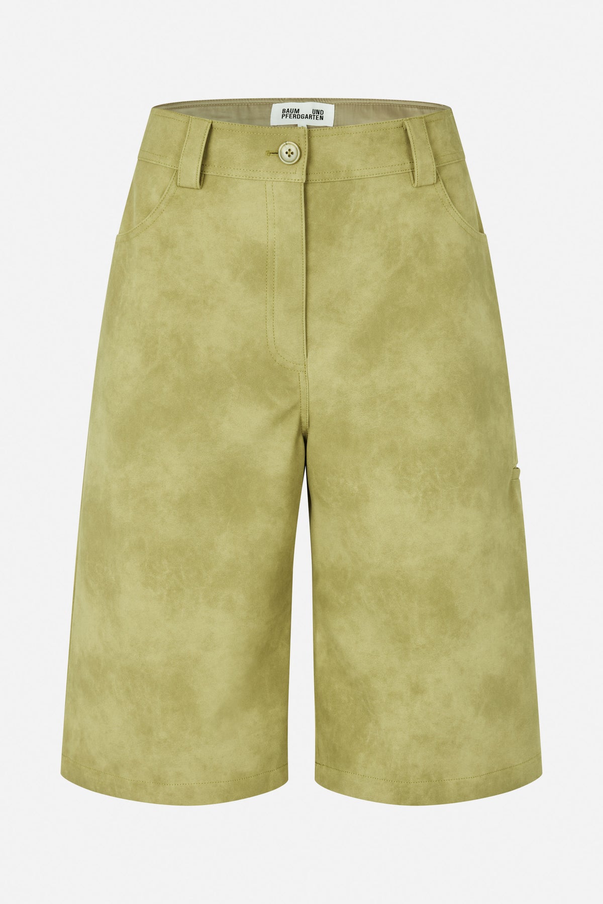 Front view of olive-green knee-length shorts with a mottled finish, belt loops, button closure and curved side pockets.