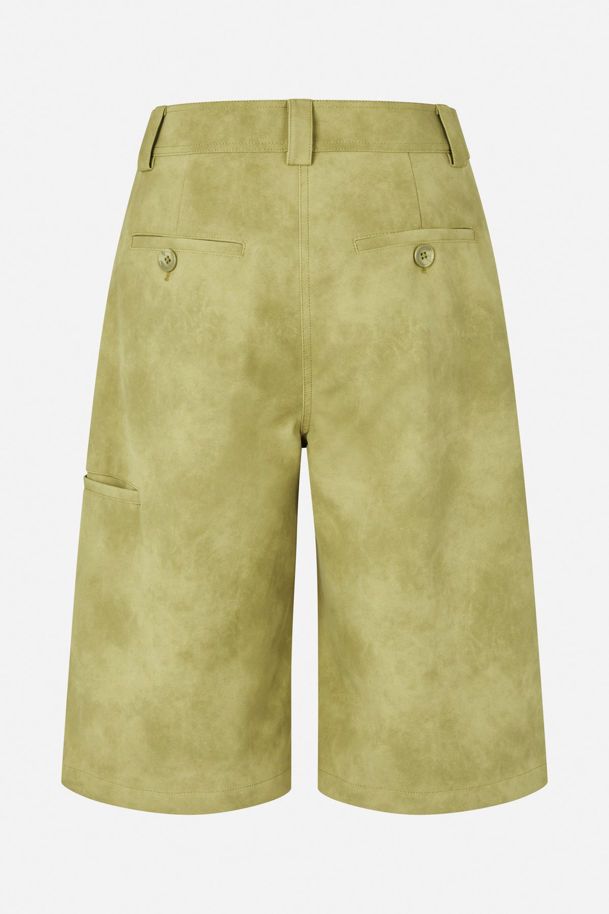Back view of olive-green knee-length shorts with belt loops, buttoned welt pockets and a soft mottled finish.