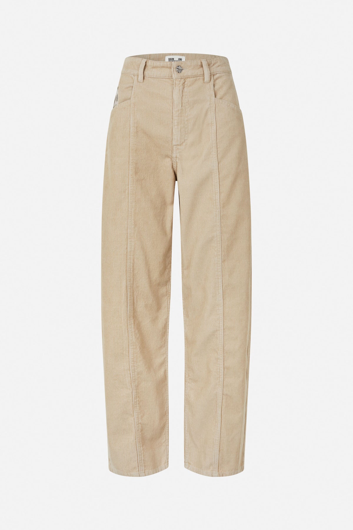 Light beige corduroy trousers with a button waist, belt loops and straight wide legs, shown from the front.