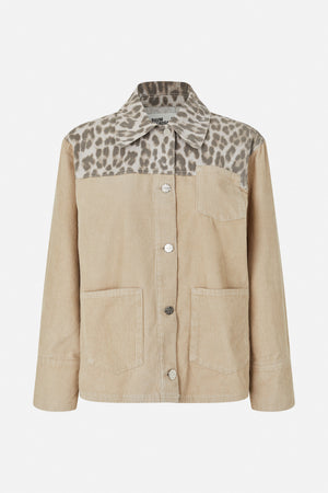 Front view of a beige corduroy jacket with a contrasting brown-and-cream animal-print yoke and collar, metal buttons and flap pockets.