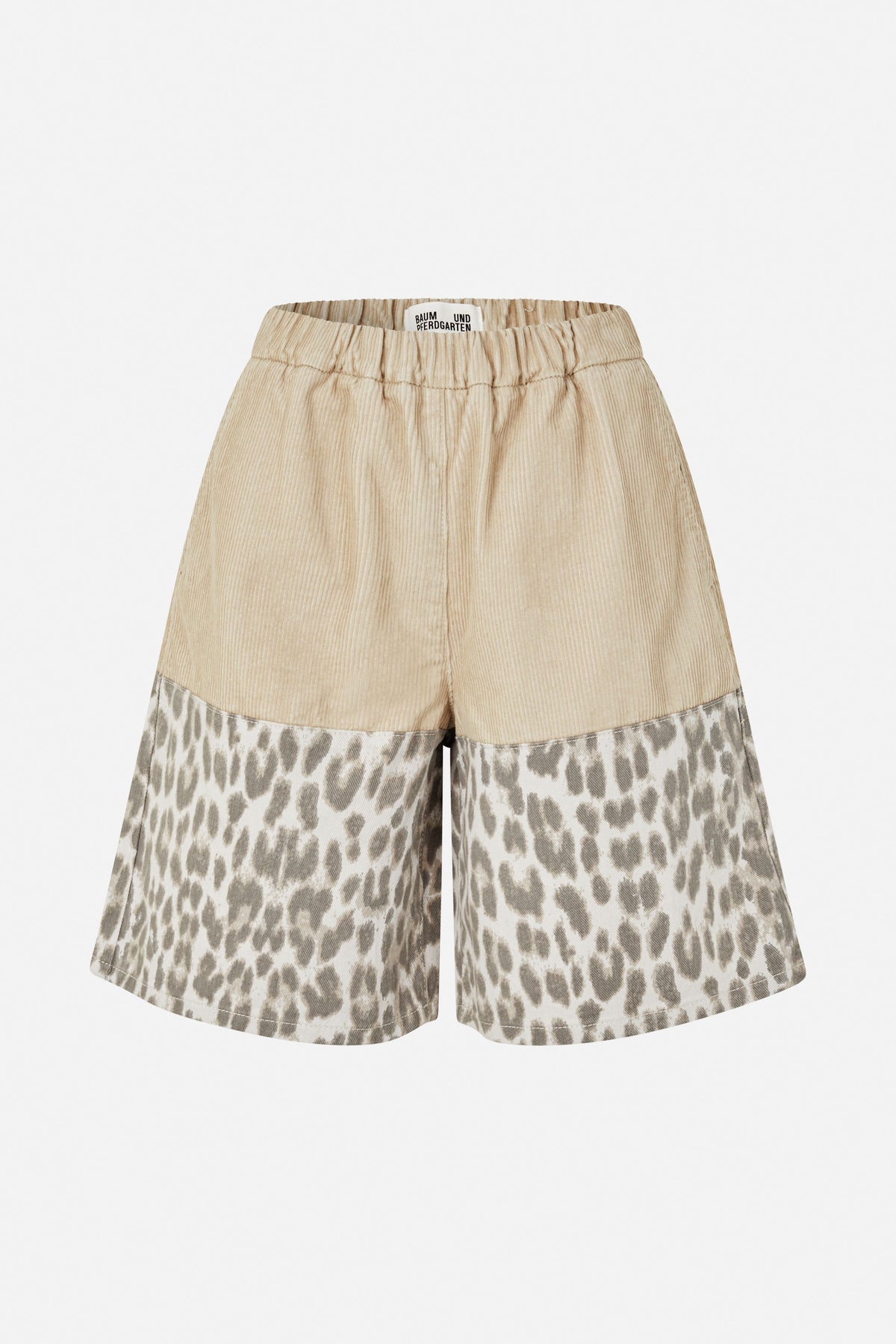 Front view of wide-leg shorts with a beige ribbed waistband and upper panels, and grey abstract animal-print lower panels.