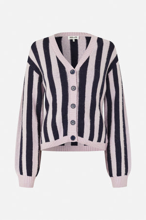 Front view of a pale pink and navy striped knit cardigan with a V-neck, button front and ribbed cuffs and hem.