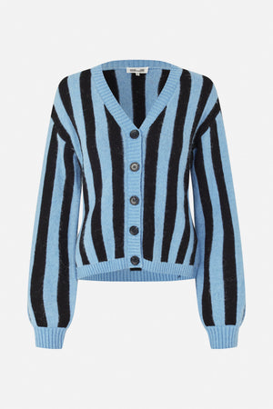 Front view of a blue and black striped knitted cardigan with a V-neck, button fastening and ribbed trim.