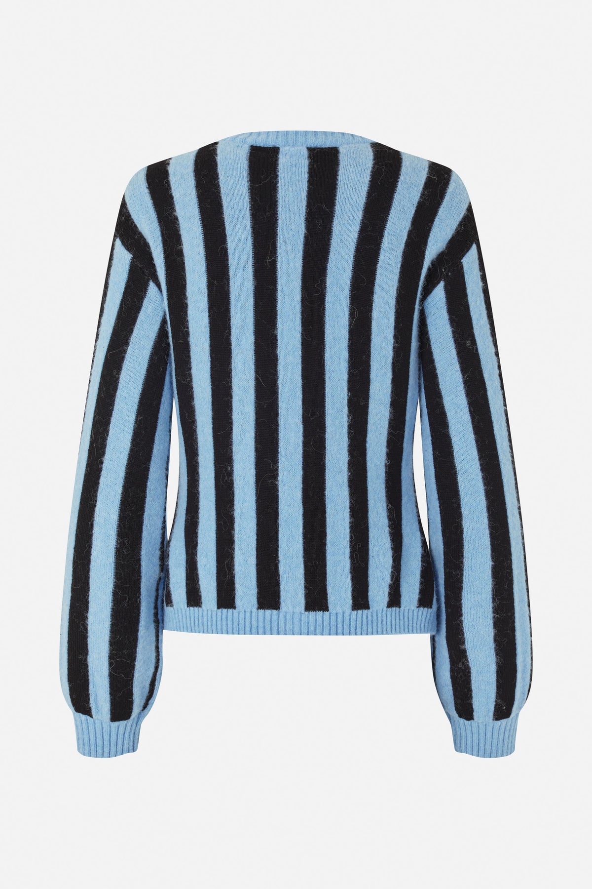 Front view of a crew-neck knit sweater with bold vertical black and light blue stripes and ribbed cuffs and hem.